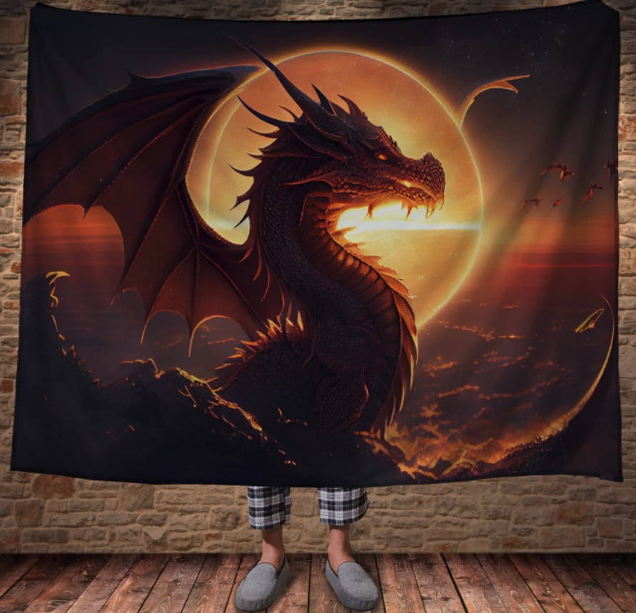 Плед з 3D принтом Реальні великі дракони. Небесний дракон перед заходом сонця