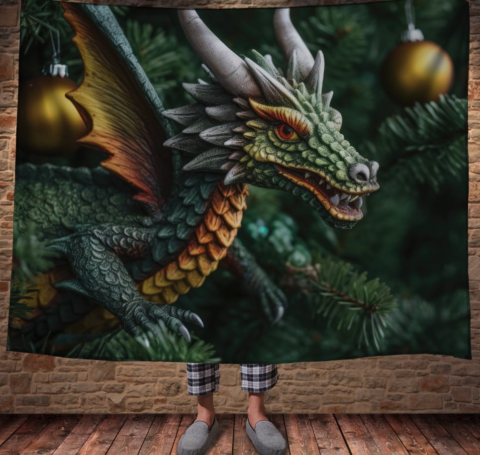 Плед з 3D принтом Реальні великі дракони. Зелений дракон на ялинці