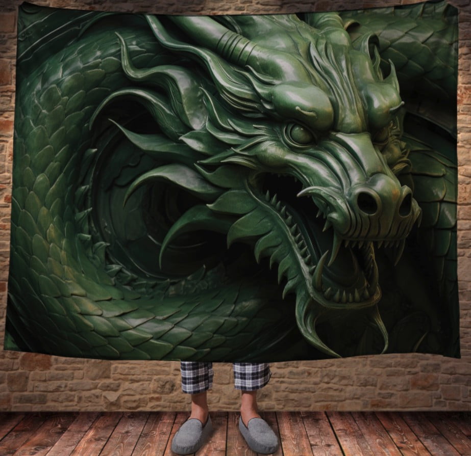 Плед з 3D принтом Реальні великі дракони. Зелений кам'яний дракон