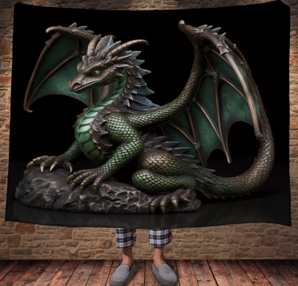 Плед з 3D принтом Реальні великі дракони. Великий зелений дракон з крилами на чорному фоні