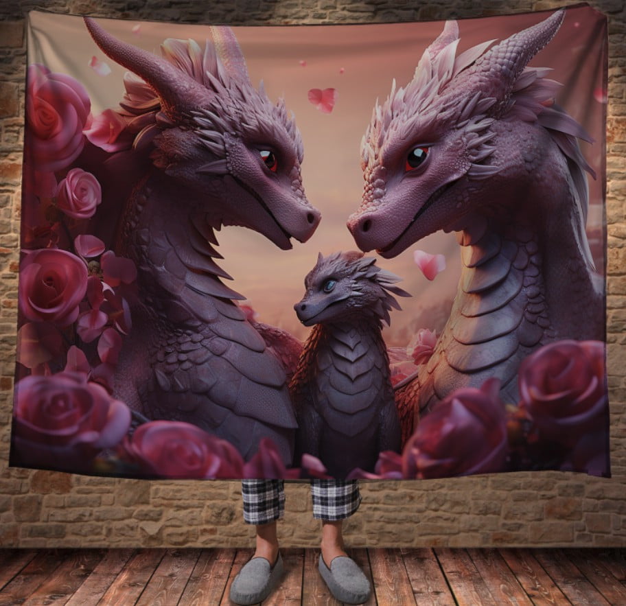 Плед з 3D принтом Реальні великі дракони. Щаслива родина рожевих драконів