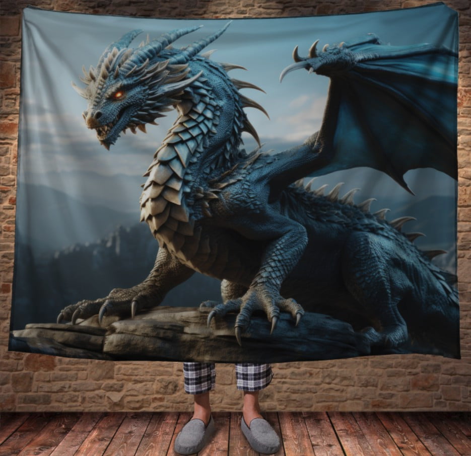 Плед з 3D принтом Реальні великі дракони. Синій гірський дракон
