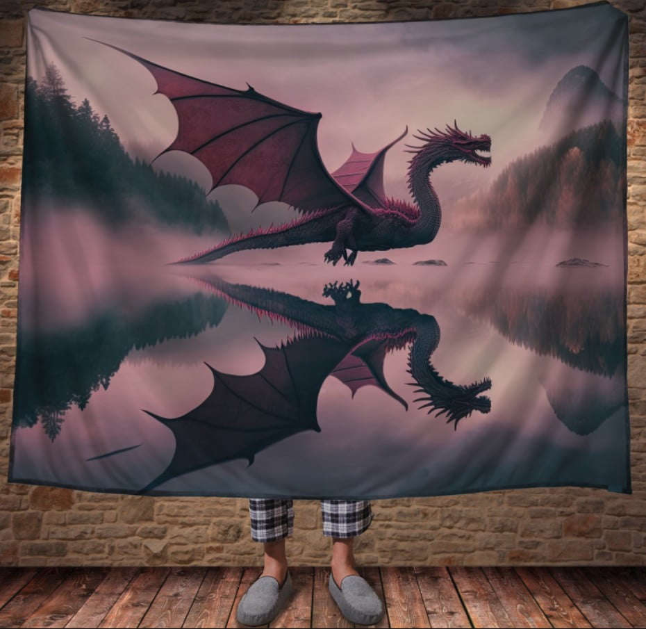 Плед з 3D принтом Реальні великі дракони. Рожевий дракон над ранковим озером