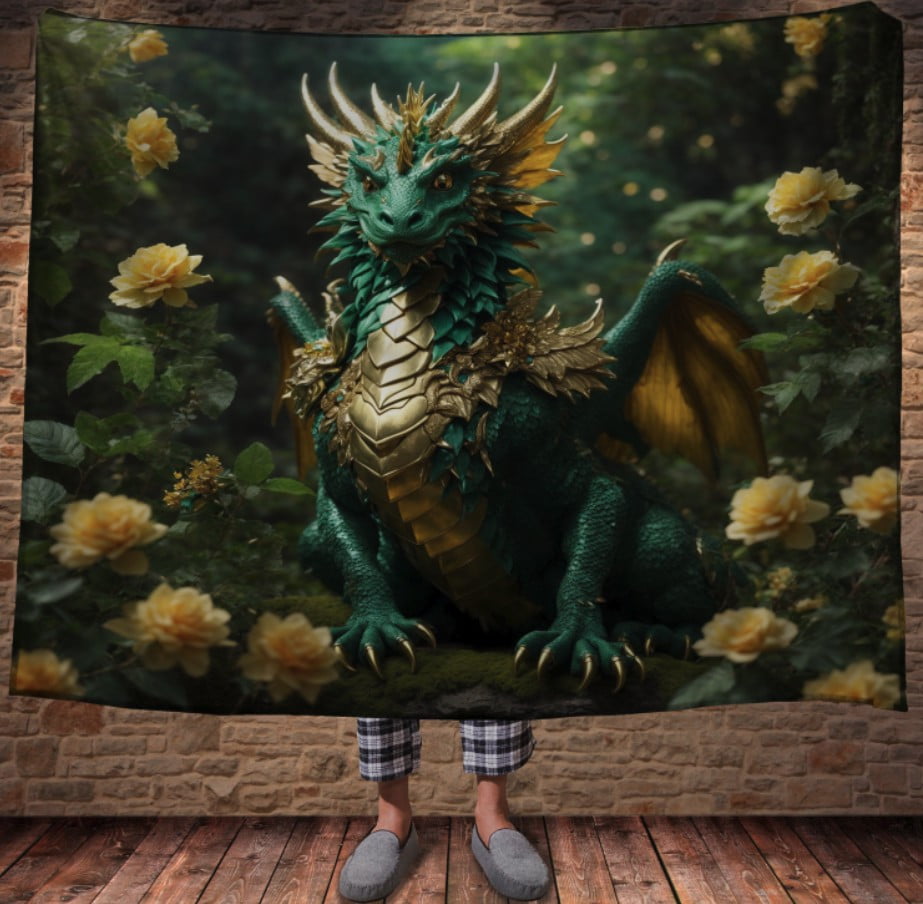 Плед з 3D принтом Реальні великі дракони. Романтичний зелений дракон в жовтих квітах