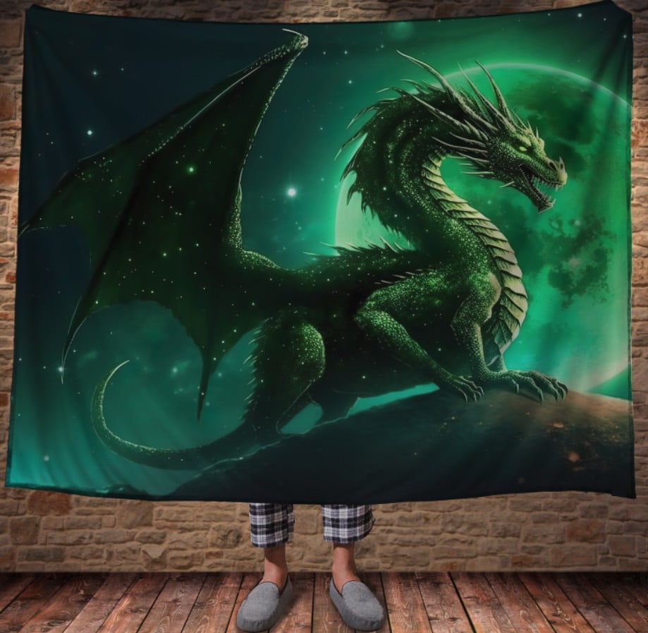 Плед з 3D принтом Реальні великі дракони. Зелений зоряний дракон і місяць
