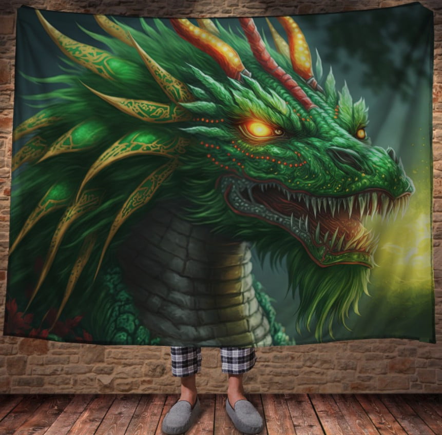 Плед з 3D принтом Реальні великі дракони. Зелений саблезубий вогонь з палаючими очима
