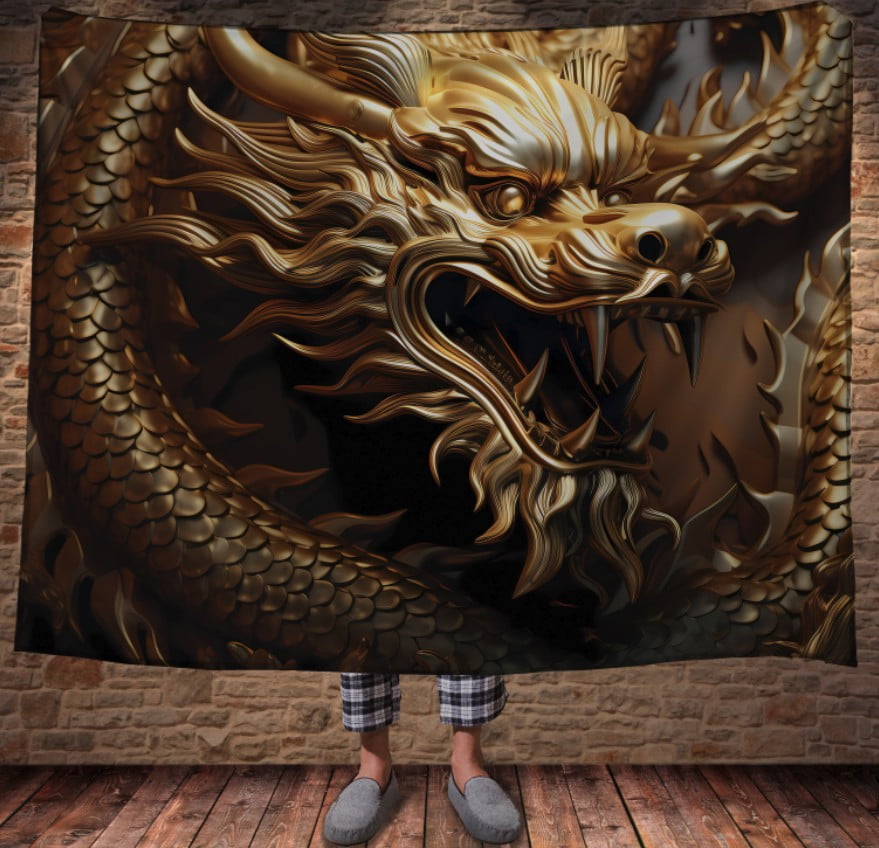 Плед з 3D принтом Реальні великі дракони. Золотий кам'яний дракон