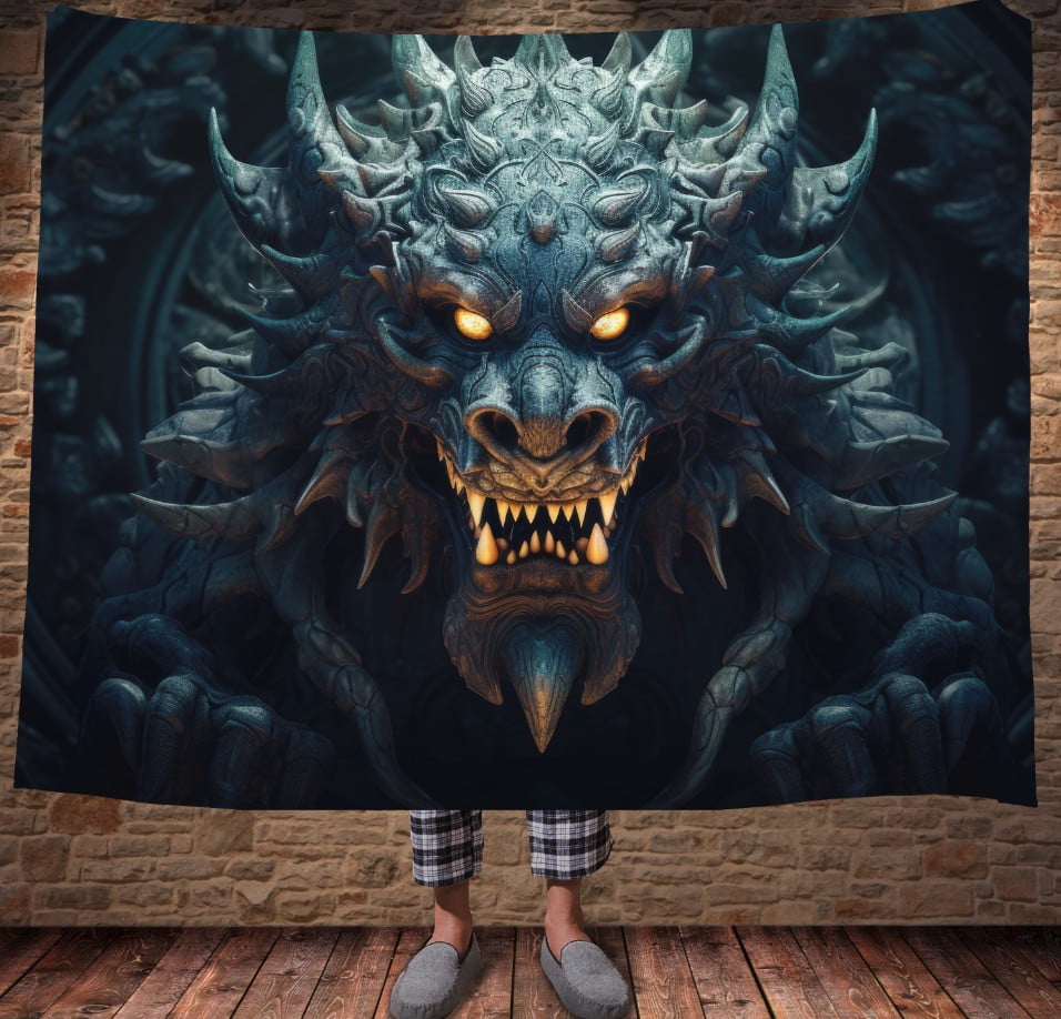 Плед з 3D принтом Реальні великі дракони. Статауя кам'яного дракона з палаючими очима