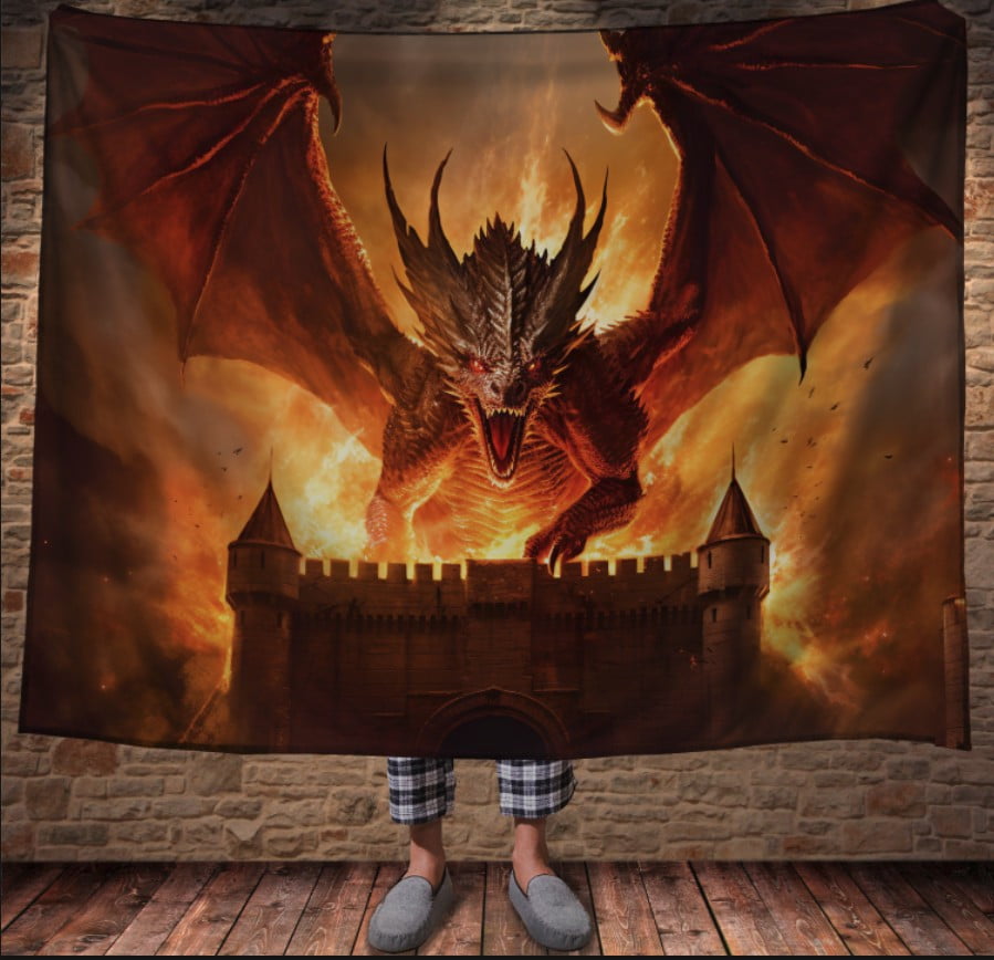 Плед з 3D принтом Реальні великі дракони. Дракон над палаючим замком _3