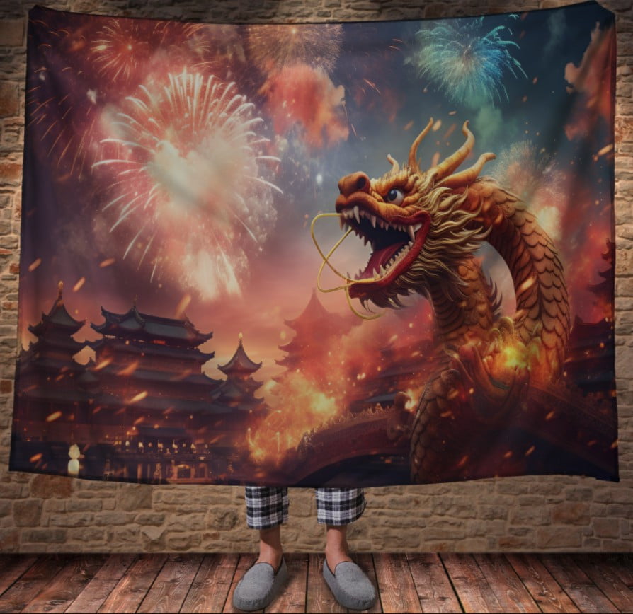 Плед з 3D принтом Реальні великі дракони. Китайський дракон на фоні салюта _1