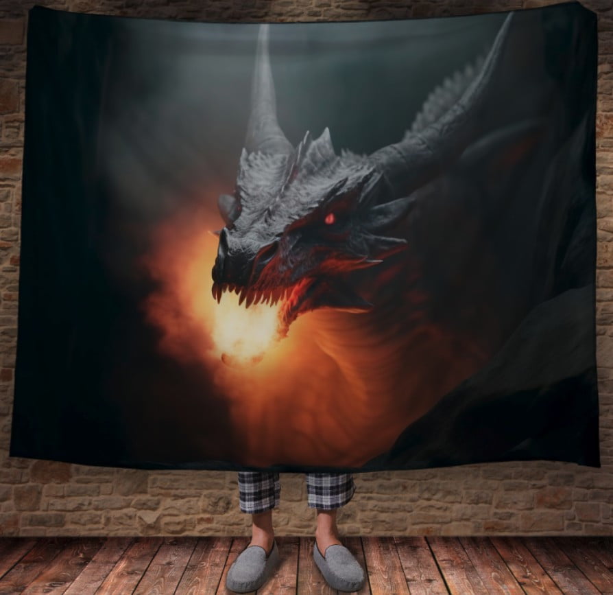 Плед з 3D принтом Реальні великі дракони. Вогнедишний дракон велетень з рогами
