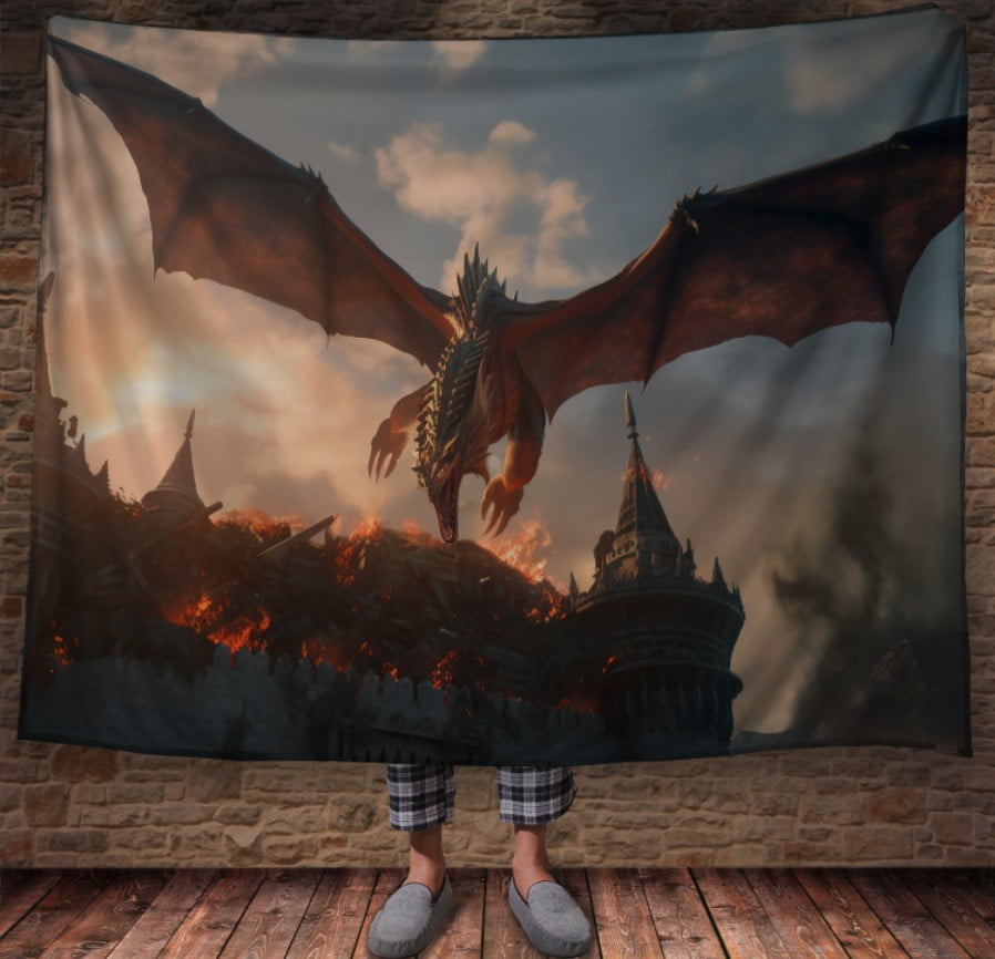 Плед з 3D принтом Реальні великі дракони. Дракон над палаючим замком