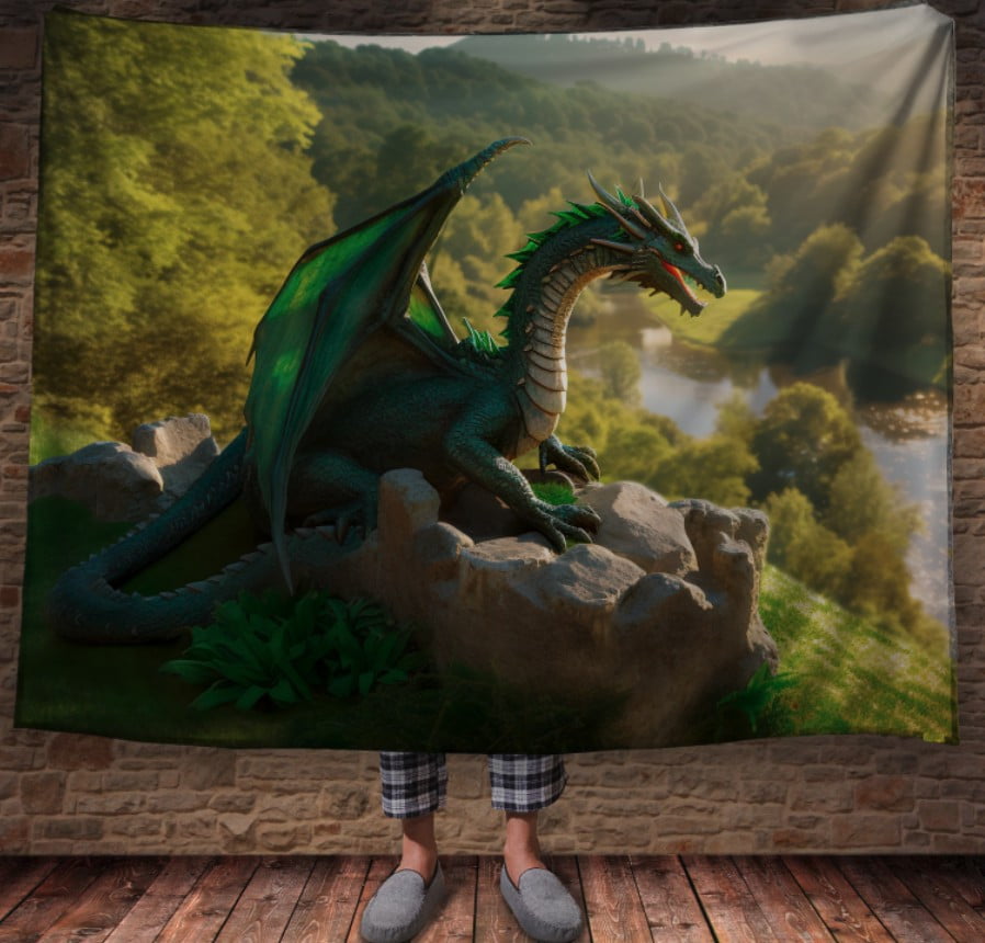 Плед з 3D принтом Реальні великі дракони. Зелений дракон на горі
