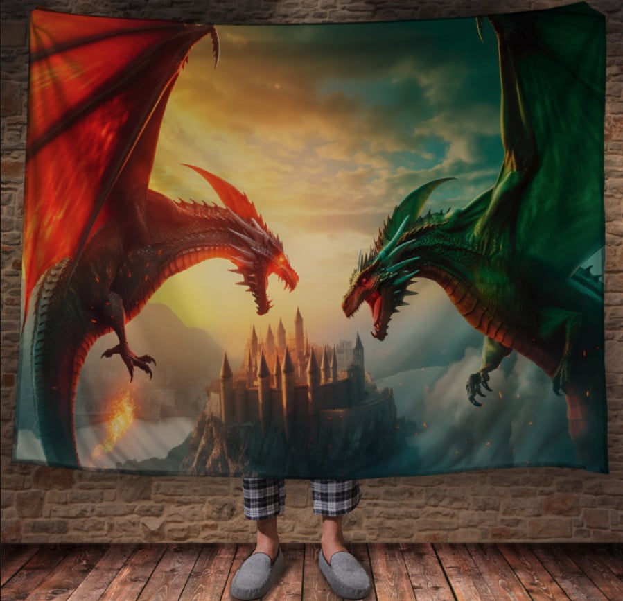 Плед з 3D принтом Реальні великі дракони. Зелений та червоний дракон. Небесний бій