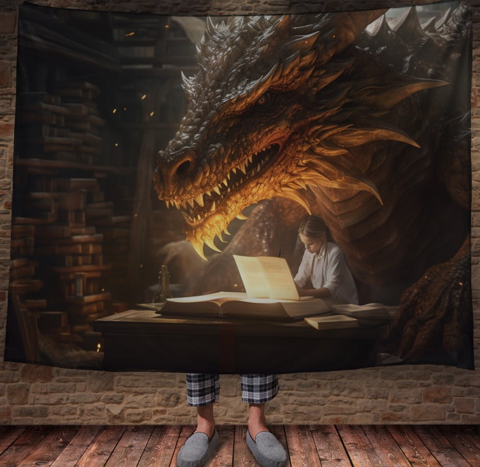 Плед з 3D принтом Реальні великі дракони. Мудрий дракон з книгою та дівчинкою