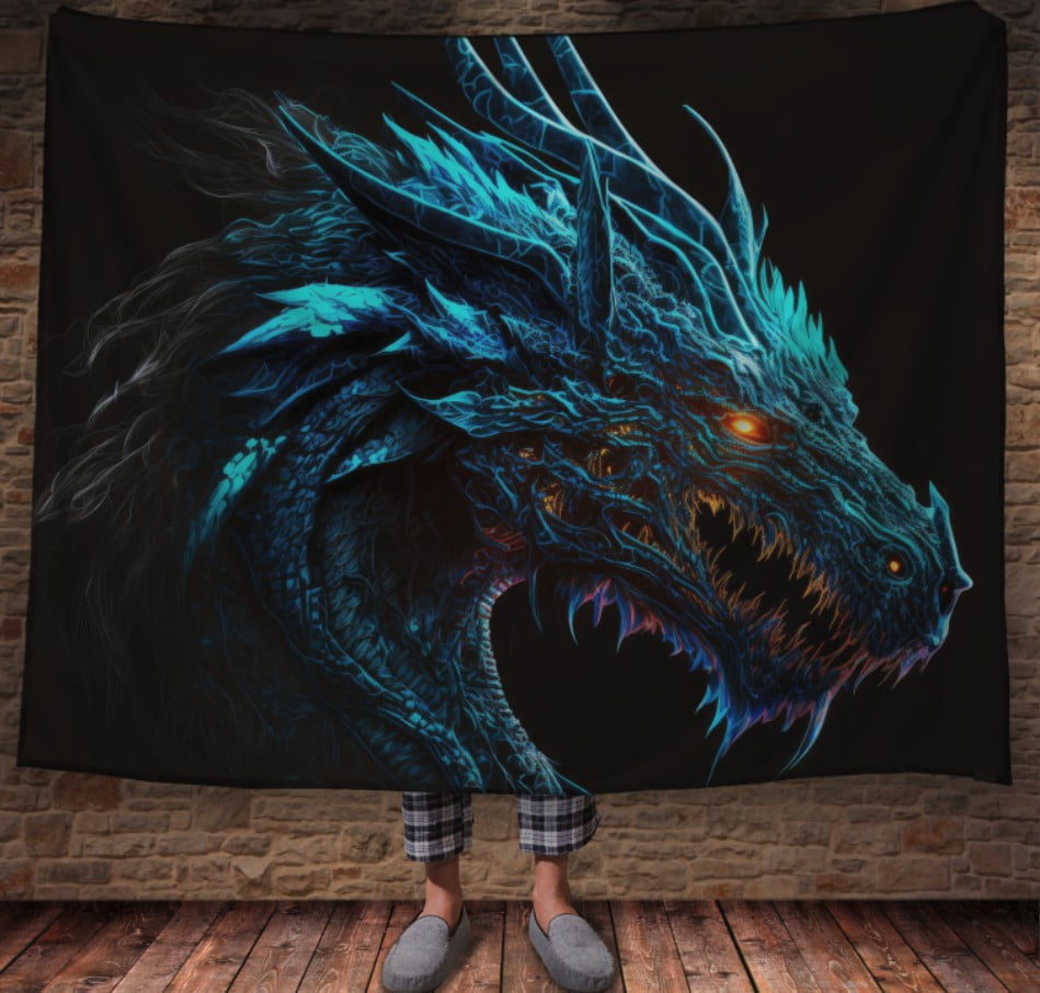 Плед з 3D принтом Реальні великі дракони. Синій дракон з палаючими очима