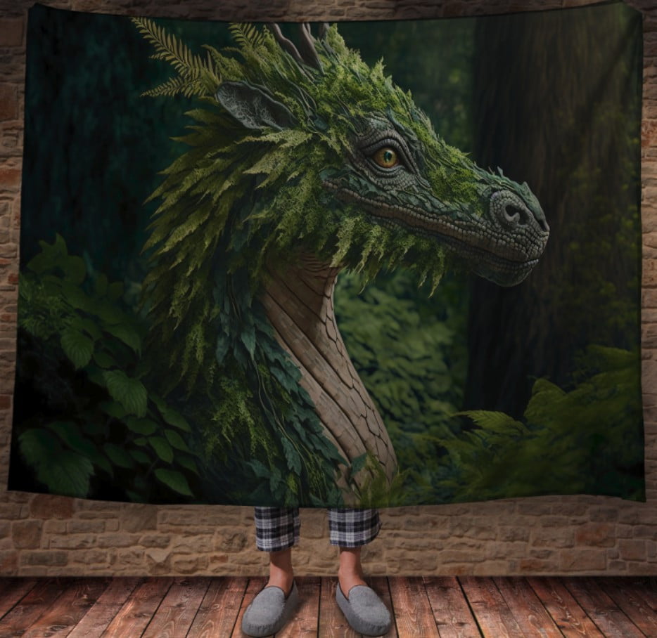 Плед з 3D принтом Реальні великі дракони. Зелений лісовий дракон з листям папороті