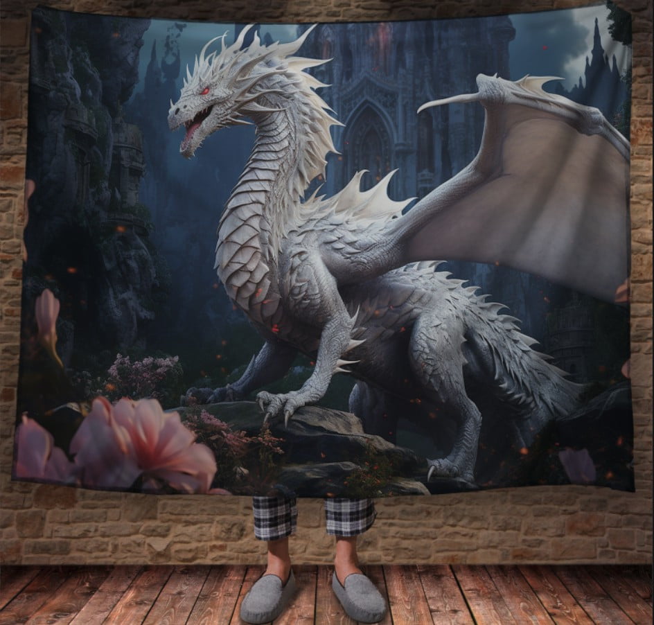 Плед з 3D принтом Реальні великі дракони. Білий дракон на фоні замку