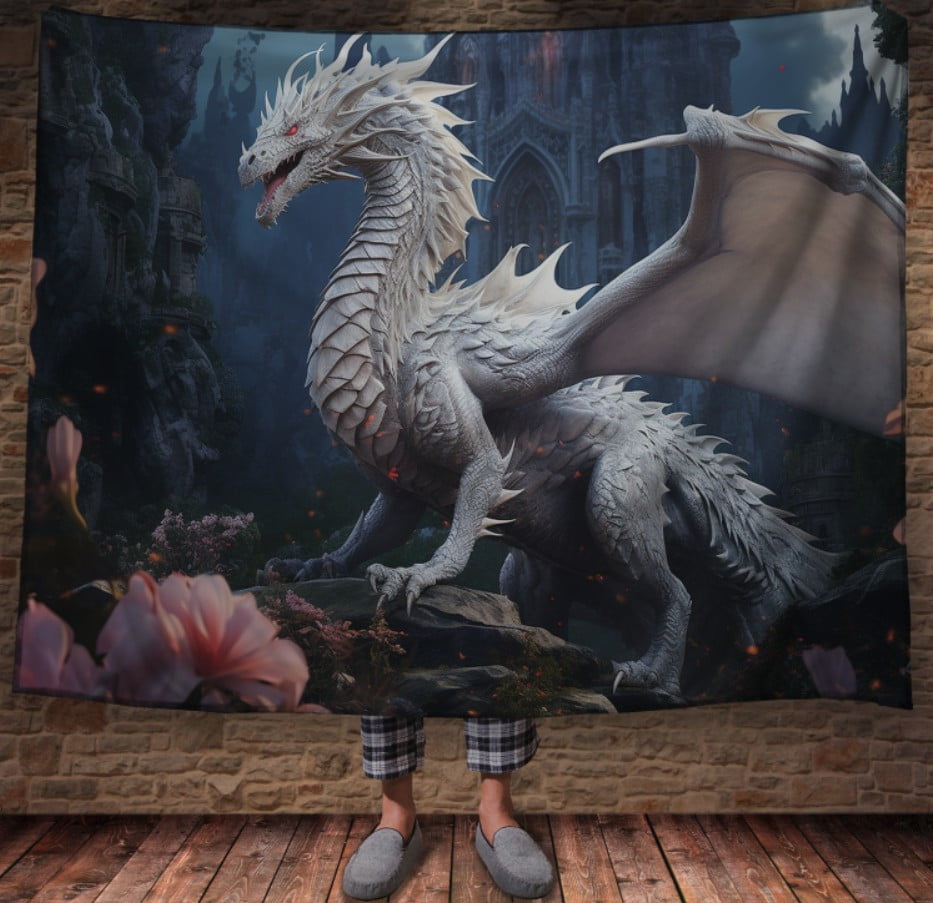 Плед з 3D принтом Реальні великі дракони. Білий дракон на фоні замку