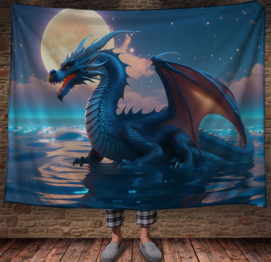 Плед з 3D принтом Реальні великі дракони. Морський дракон на фоні місяця