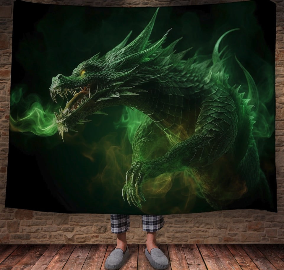 Плед з 3D принтом Реальні великі дракони. Зелений неоновий дракон