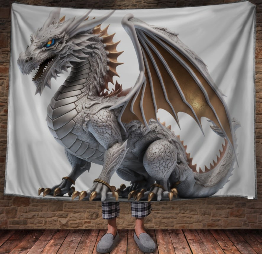 Плед з 3D принтом Реальні великі дракони. Біло-золотий дракон на білому фоні