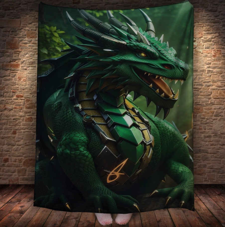 Плед з 3D принтом Реальні великі дракони. Зелений дракон у броні