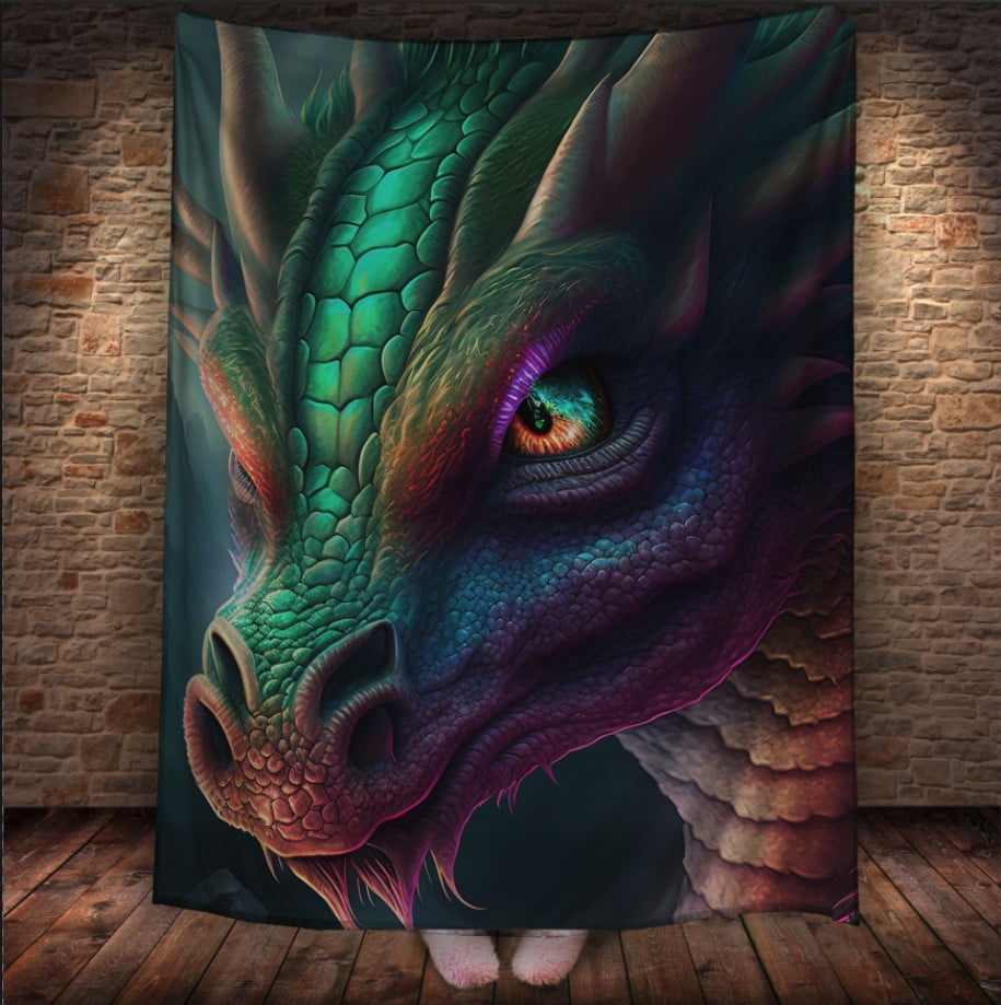 Плед з 3D принтом Реальні великі дракони. Зелений дракон з неоновими очима