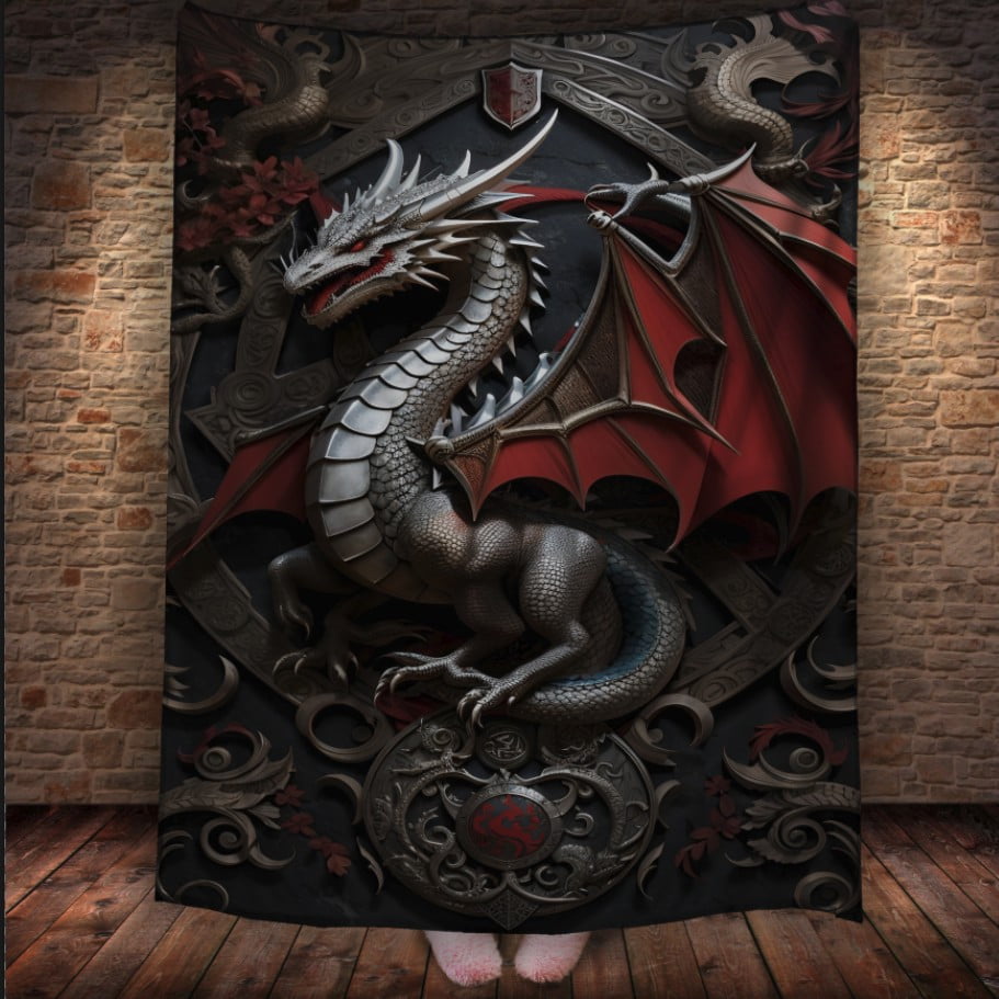 Плед з 3D принтом Реальні великі дракони. Залізний дракон з червоними крилами