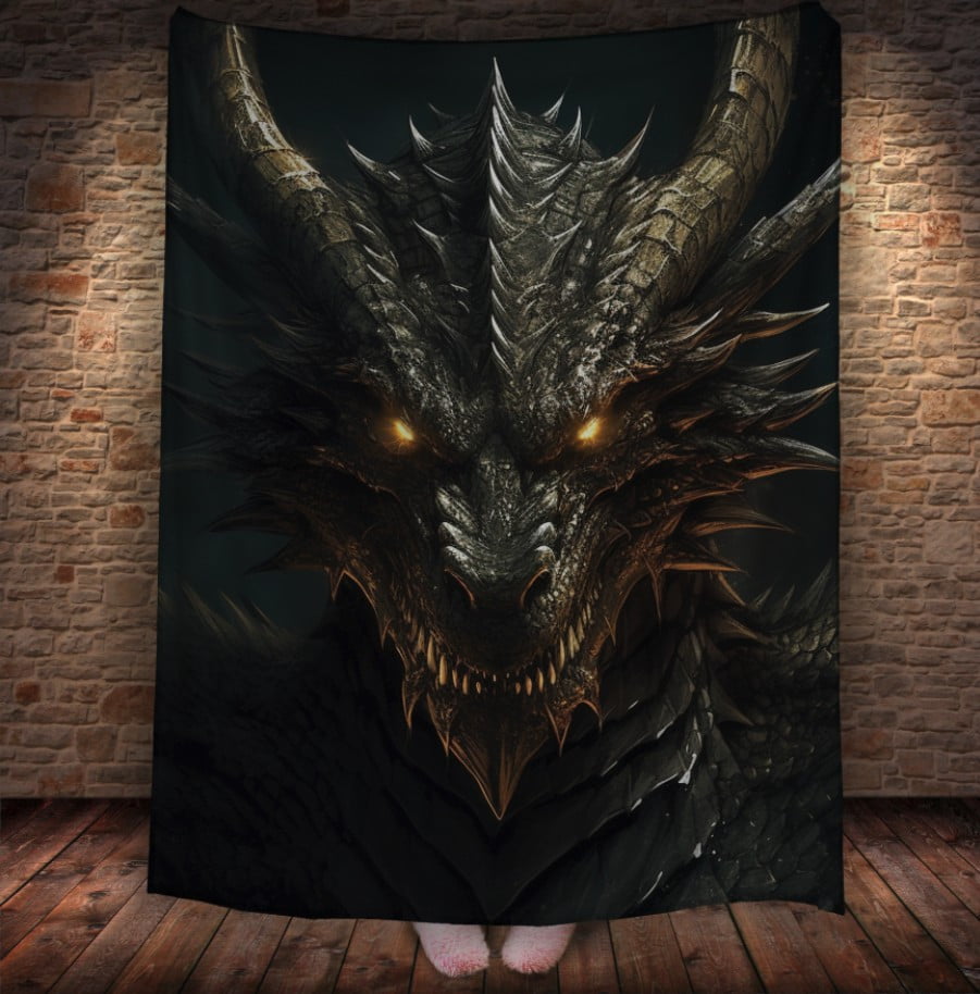 Плед з 3D принтом Реальні великі дракони. Чорний великий дракон перед боем _2