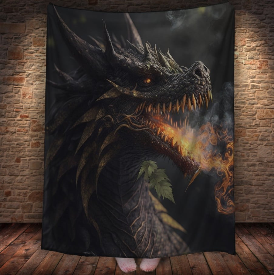 Плед з 3D принтом Реальні великі дракони. Вогнедишний дракон з жовтими очима
