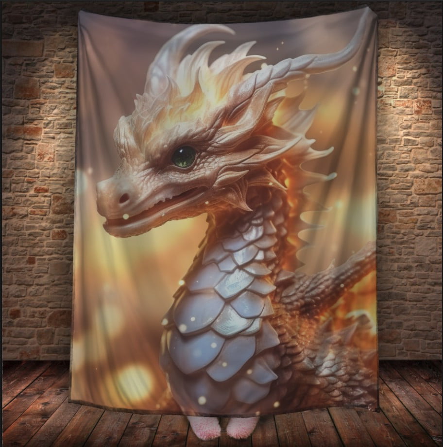 Плед з 3D принтом Реальні великі дракони. Білий дракон у вогниках