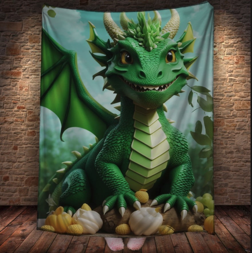Плед з 3D принтом Реальні великі дракони. Зелений дракончик з крилами _1