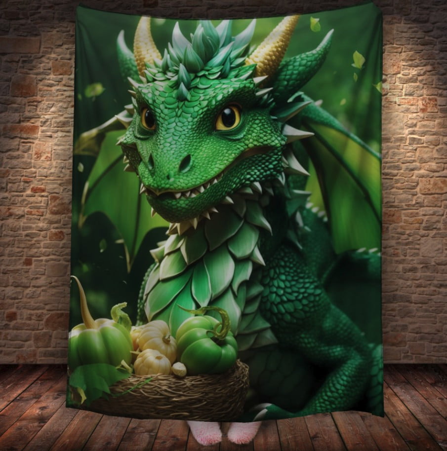 Плед з 3D принтом Реальні великі дракони. Зелений дракончик з крилами _2