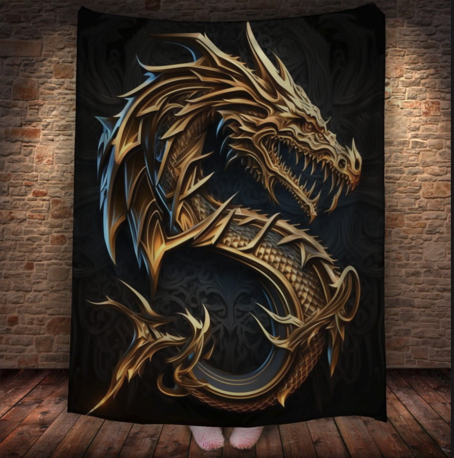 Плед з 3D принтом Реальні великі дракони. Золотий саблезубий дракон