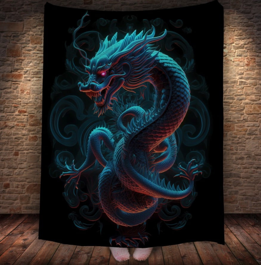 Плед з 3D принтом Реальні великі дракони. Білий дракон з неоновими очима
