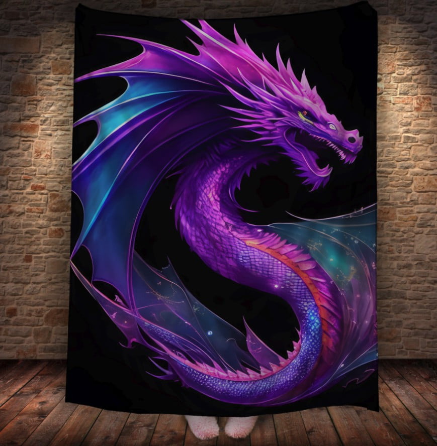 Плед з 3D принтом Реальні великі дракони. Фіолетово неоновий дракон