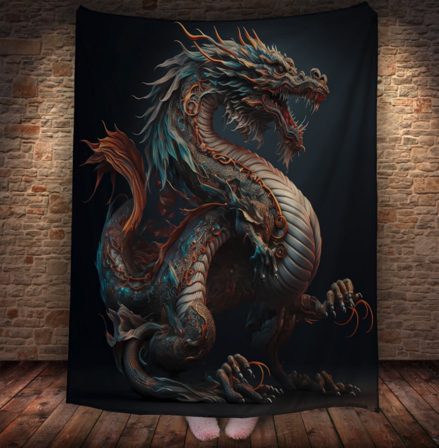 Плед з 3D принтом Реальні великі дракони. Статауя кам'яного дракона з зубами