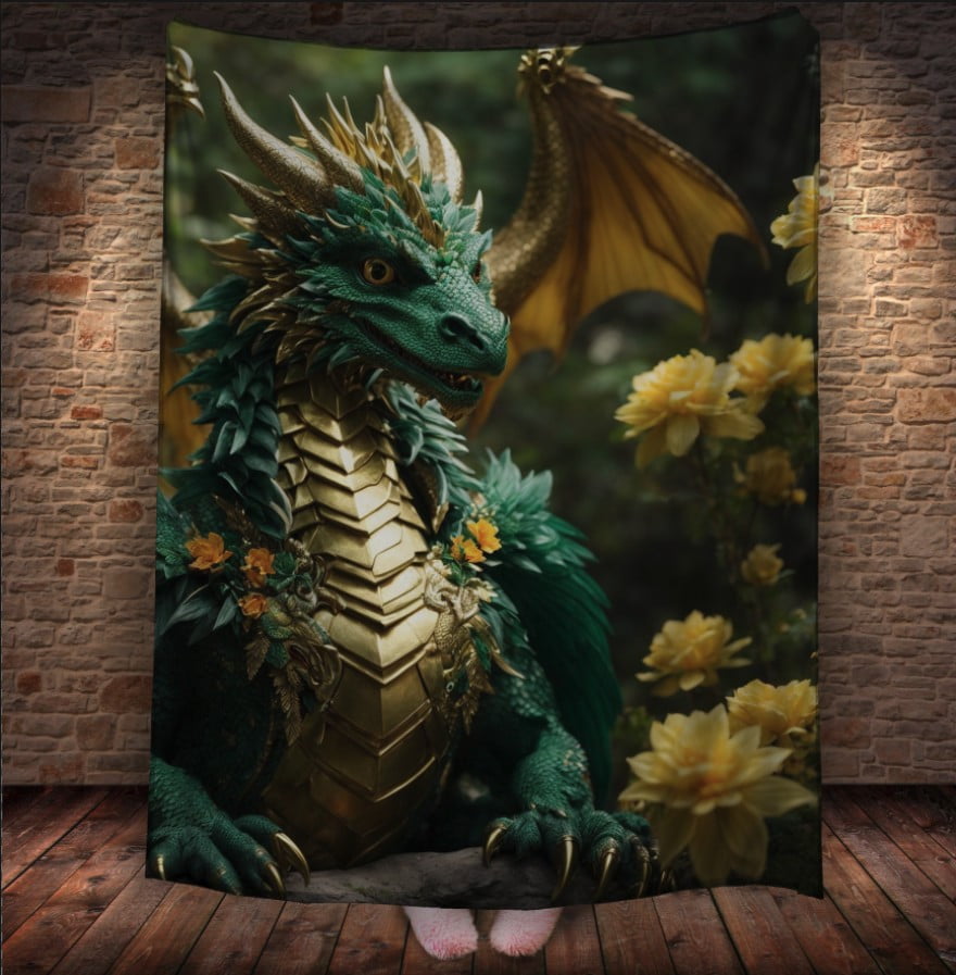 Плед з 3D принтом Реальні великі дракони. Зелений лісовий дракон в золотій броні _1