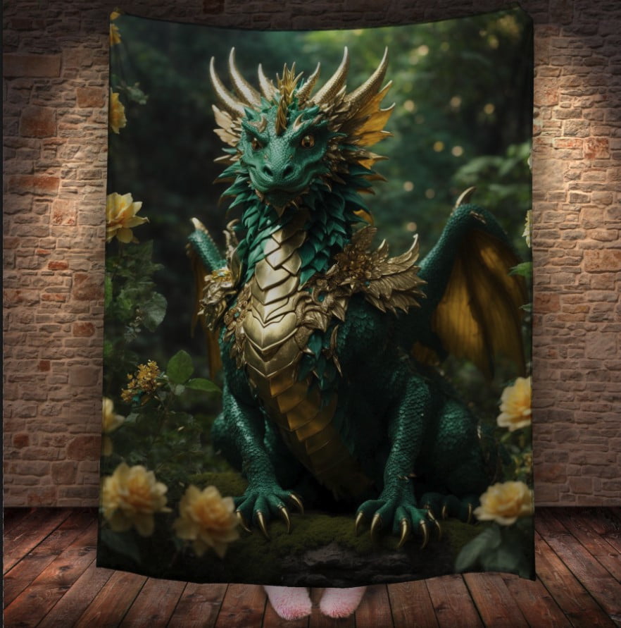 Плед з 3D принтом Реальні великі дракони. Зелений лісовий дракон в золотій броні _2