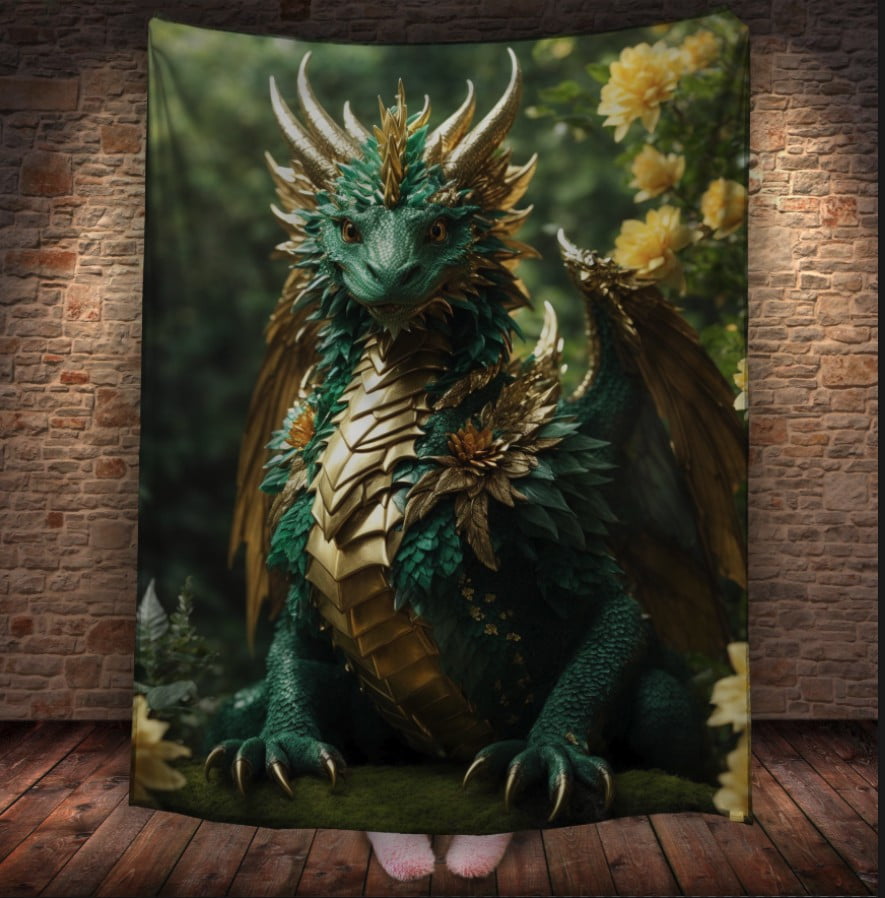Плед з 3D принтом Реальні великі дракони. Зелений лісовий дракон в золотій броні _3