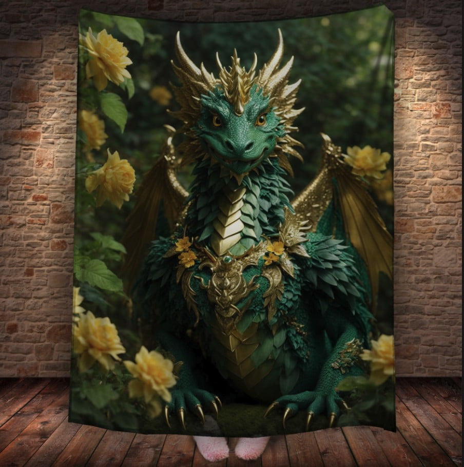 Плед з 3D принтом Реальні великі дракони. Зелений лісовий дракон в золотій броні _4