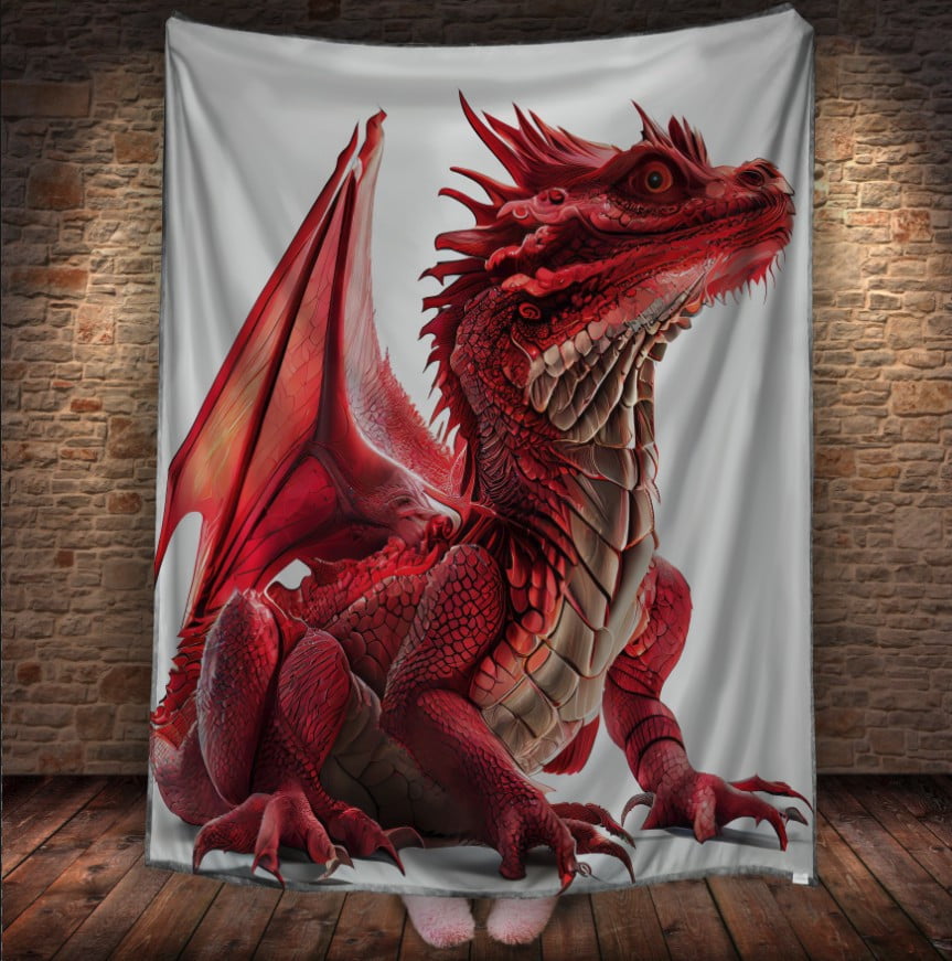 Плед з 3D принтом Реальні великі дракони. Червоний дракон на білому фоні
