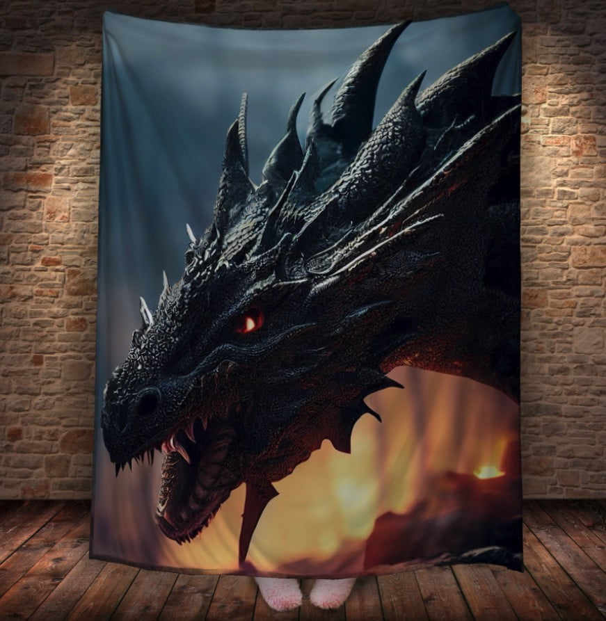 Плед з 3D принтом Реальні великі дракони. Чорний дракон перед боєм