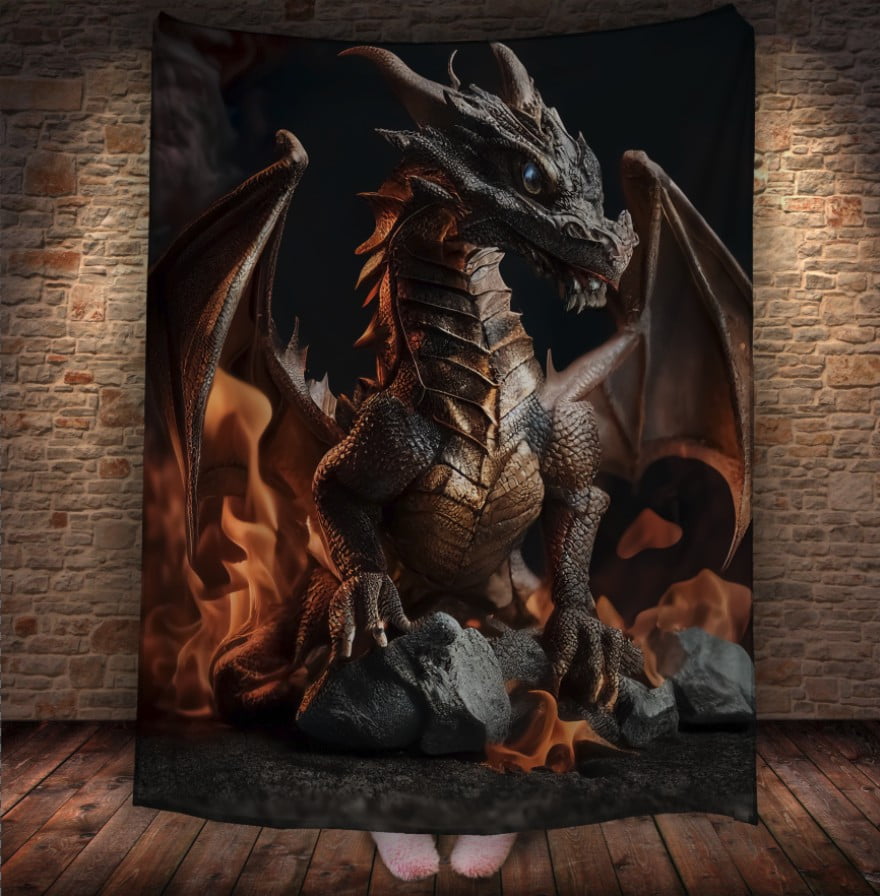 Плед з 3D принтом Реальні великі дракони. Кам'яний дракон у вогні