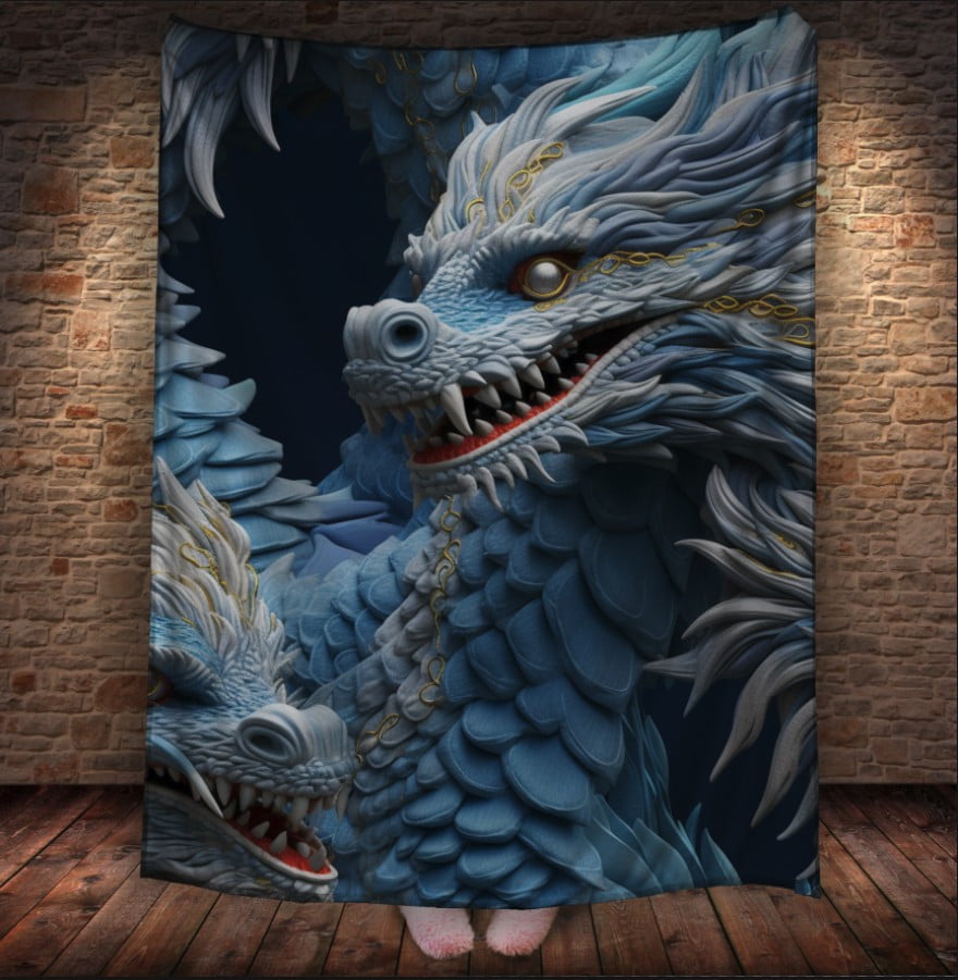 Плед з 3D принтом Реальні великі дракони. Пара білих драконів