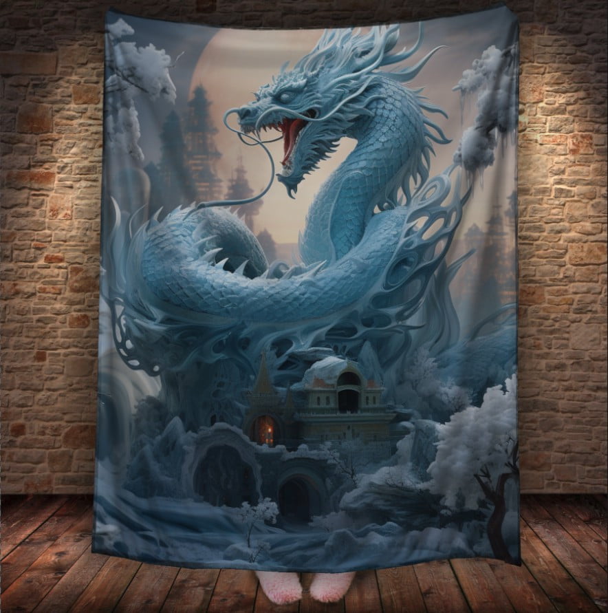Плед з 3D принтом Реальні великі дракони. Білий велетень дракон над замком