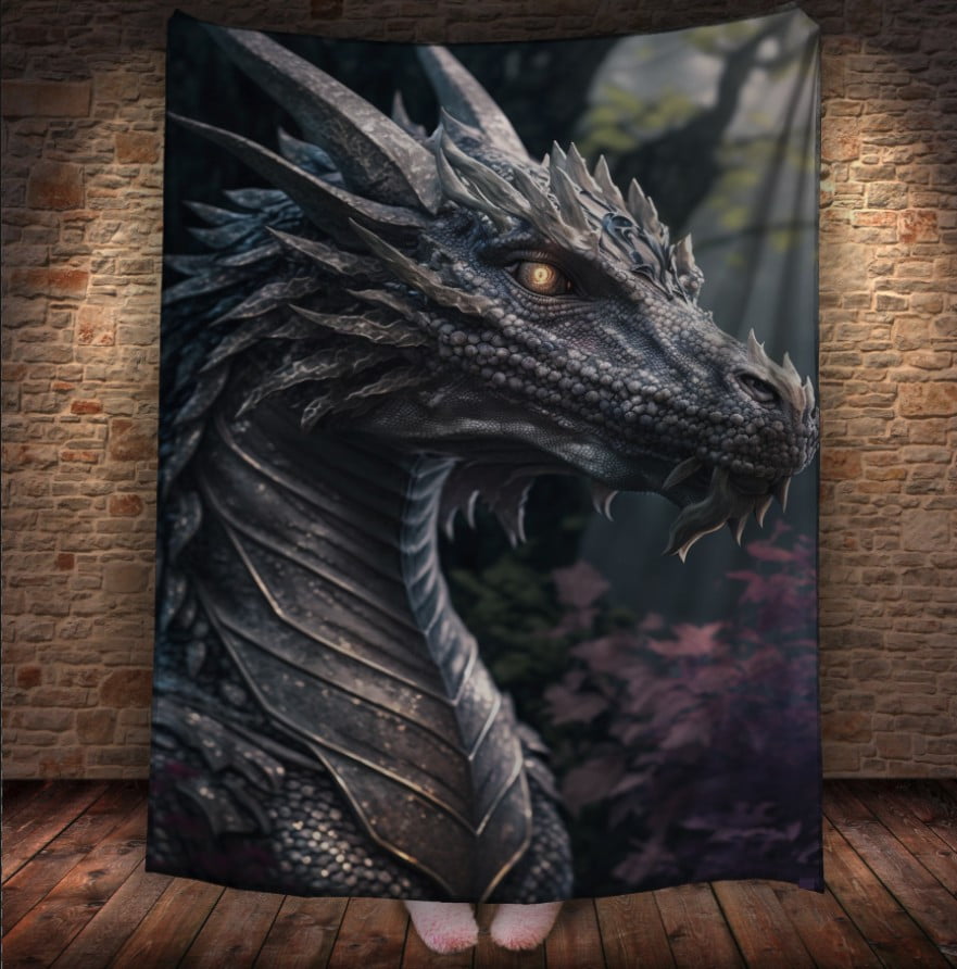 Плед з 3D принтом Реальні великі дракони. Сірий дракон з жовтими очима