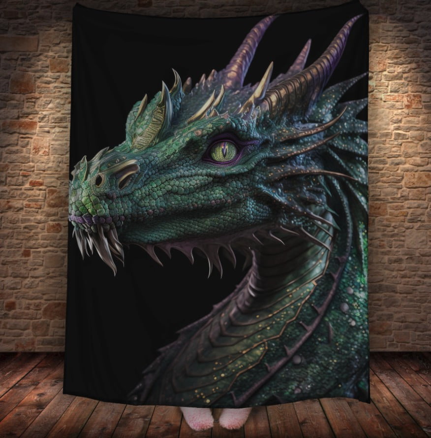 Плед з 3D принтом Реальні великі дракони. Зелений дракон з рогами