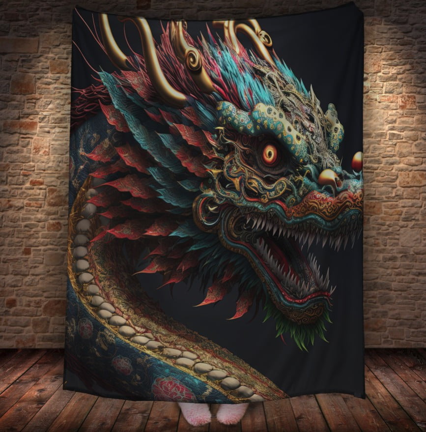 Плед з 3D принтом Реальні великі дракони. Червоно зелений китайський дракон _1
